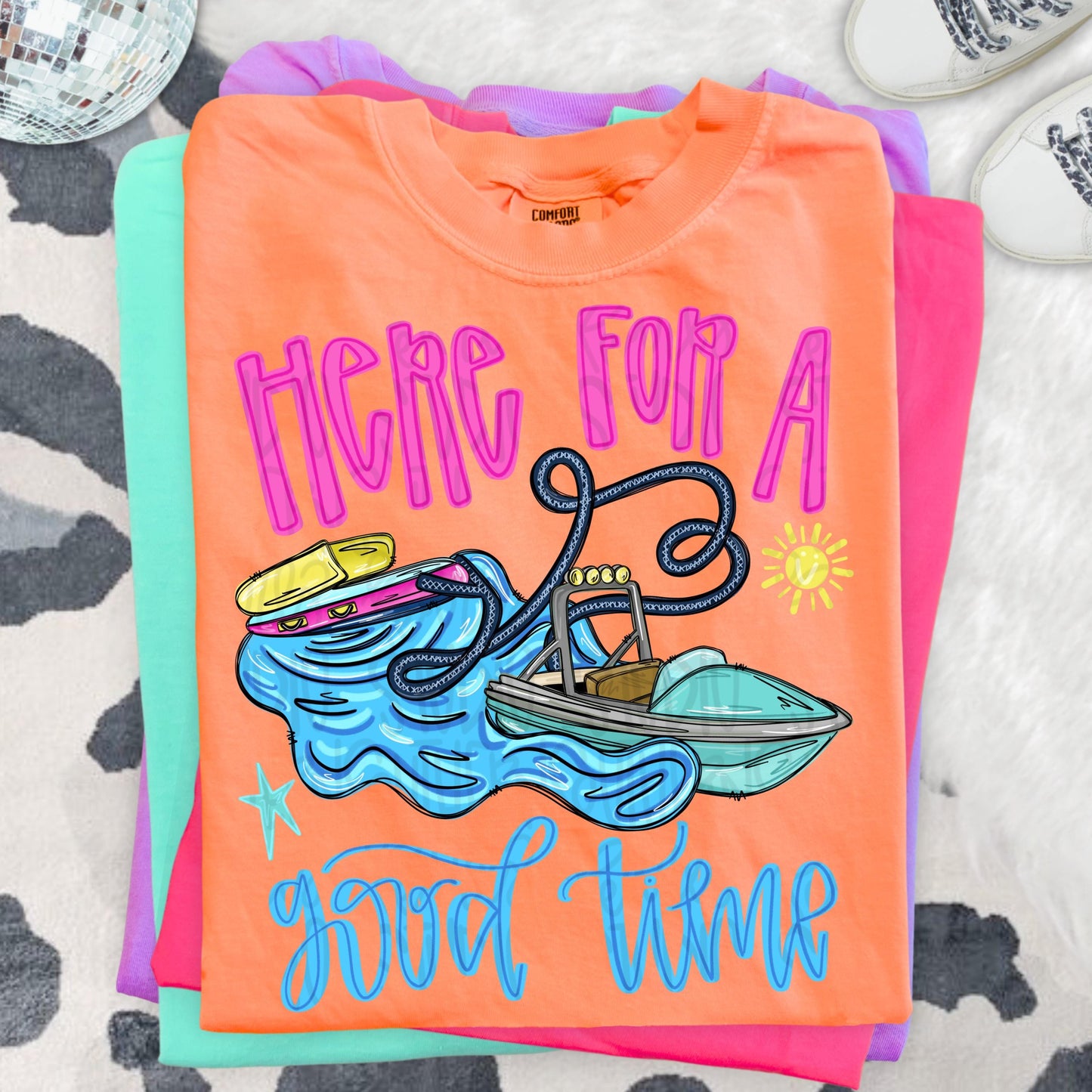 Here for a good time png, Boat pulling inner tube with name patch png, girl png, bright png, trendy png, whimsy png, viral png, summer png