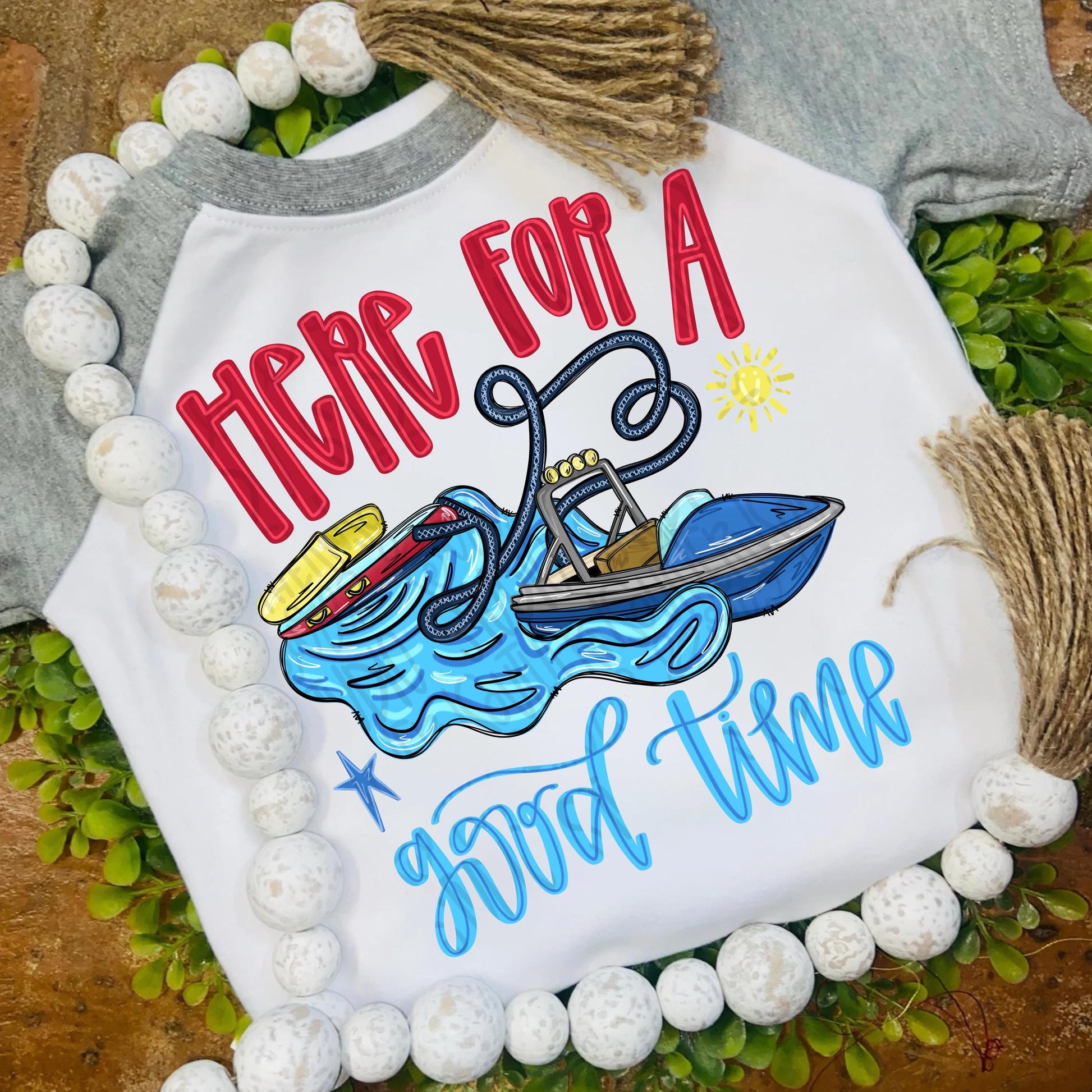 Here for a good time png, Boat pulling inner tube with name patch png, boy png, bright png, trendy png, whimsy png, viral png, summer png