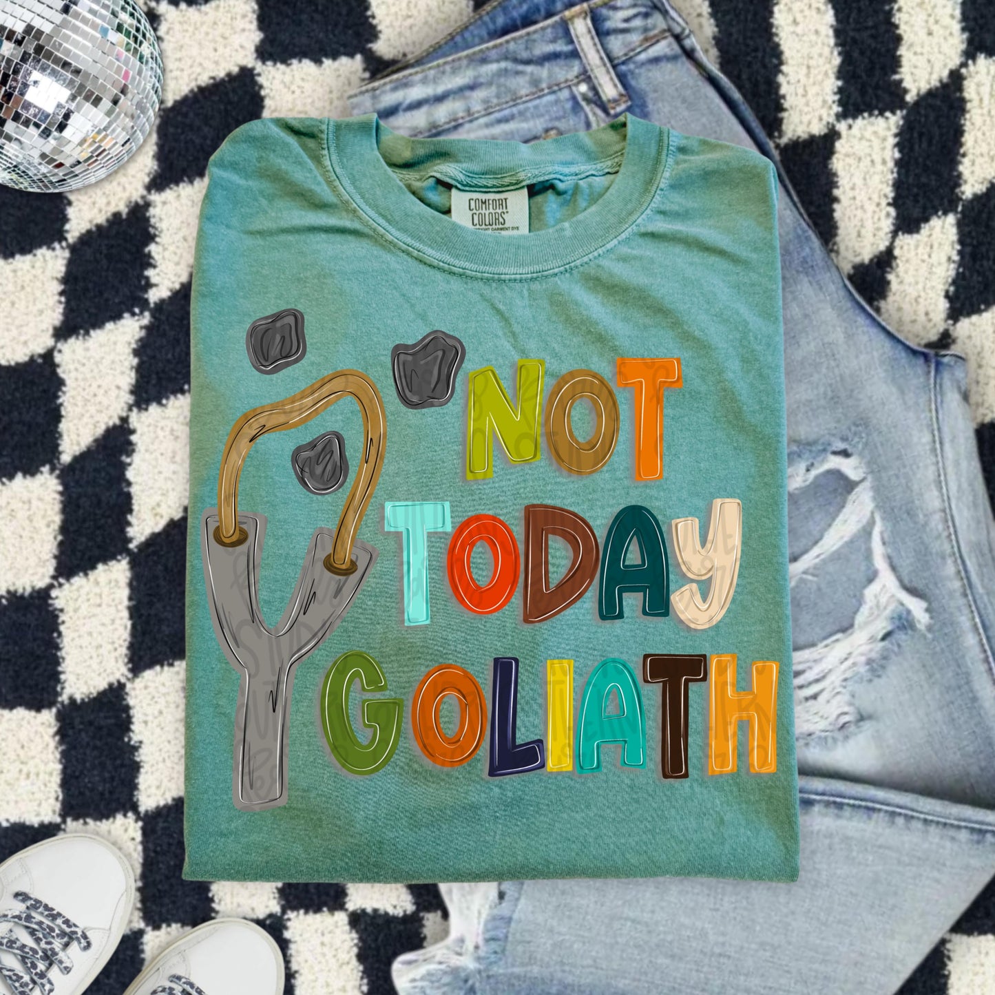 Not today Goliath png, David’s slingshot and rocks png, trendy png, whimsy png, viral png, Digital Download png graphic