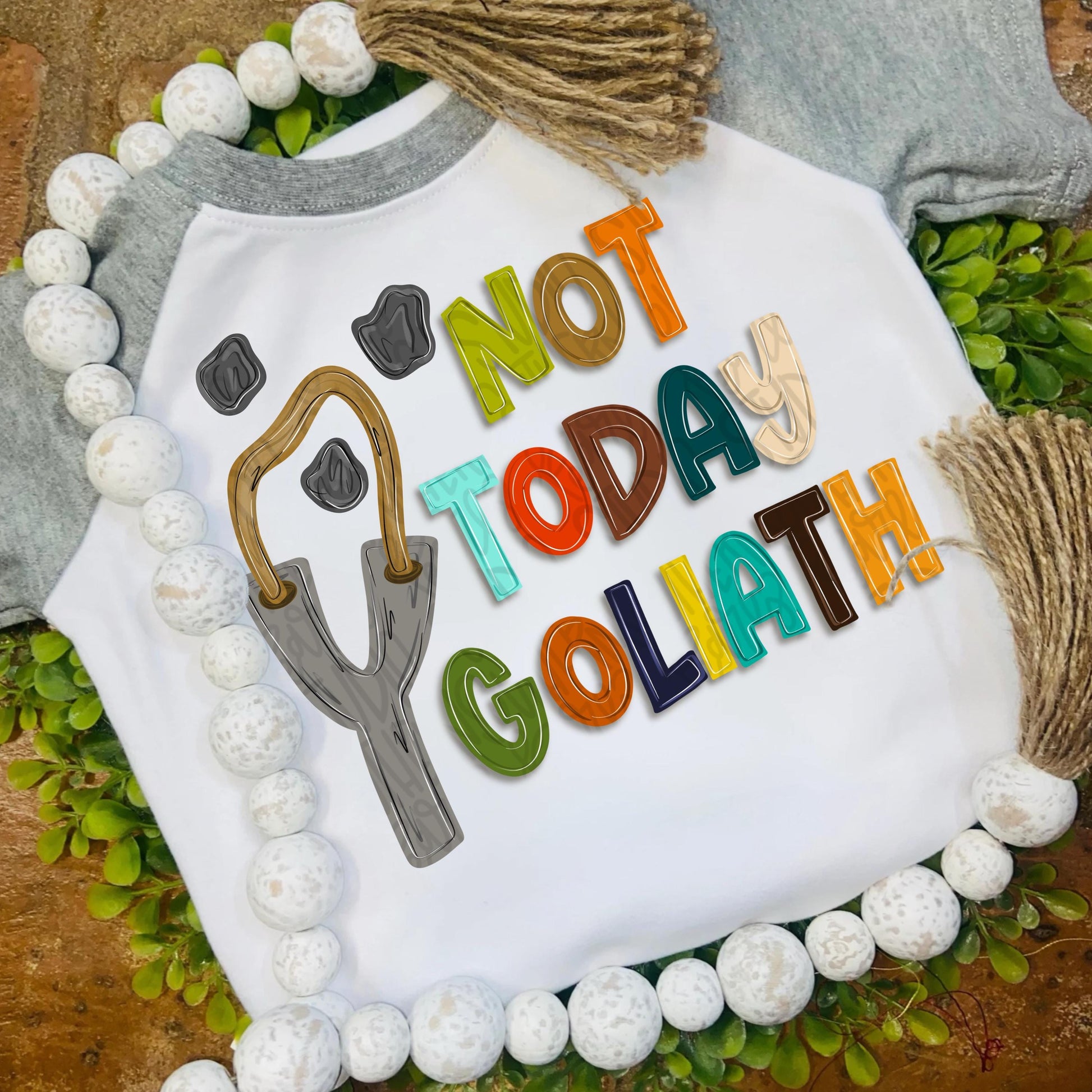 Not today Goliath png, David’s slingshot and rocks png, trendy png, whimsy png, viral png, Digital Download png graphic
