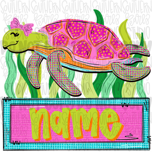 Sea turtle with bow and name patch | Sublimation Design | Digital Download | Women’s, Kids Shirt PNG