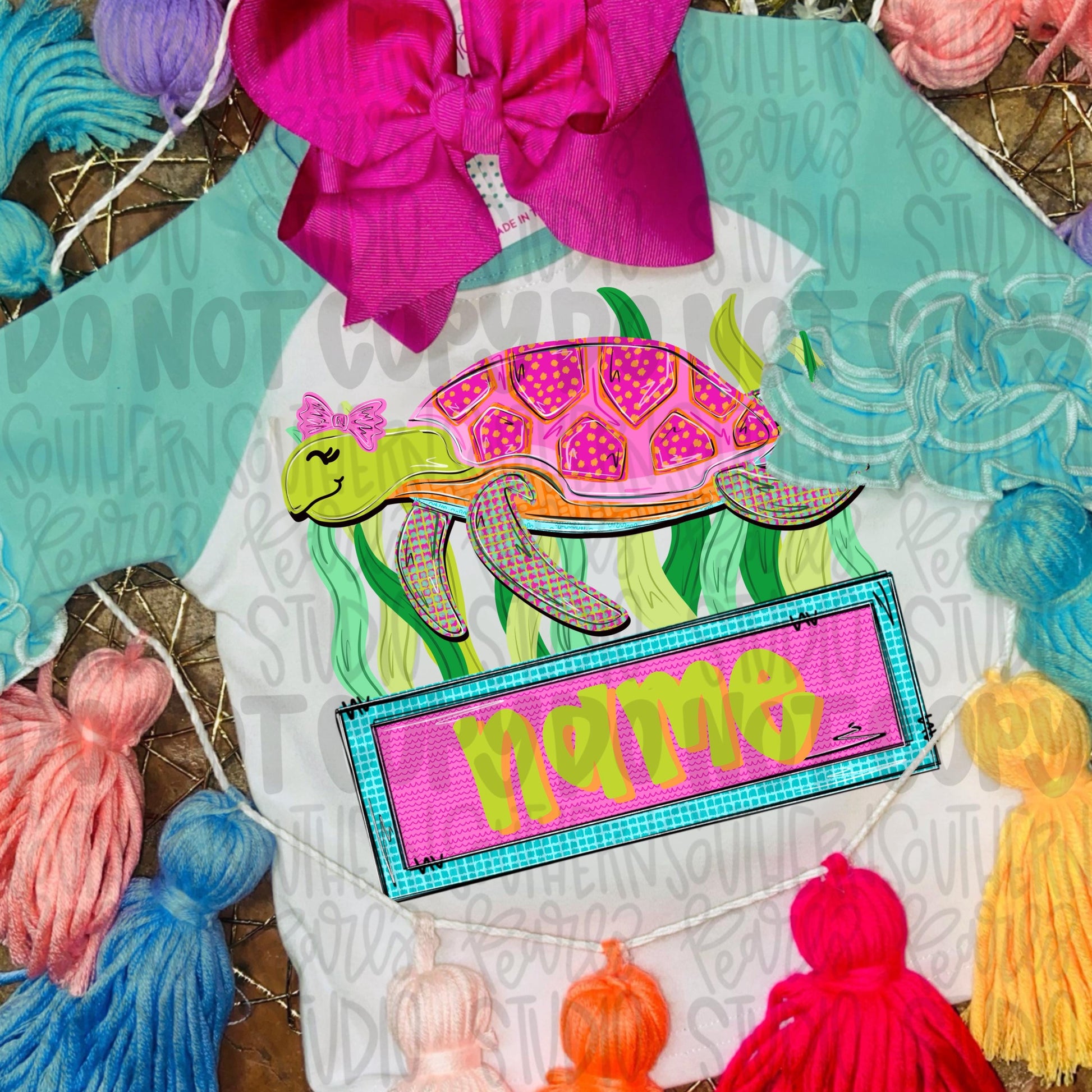 Sea turtle with bow and name patch | Sublimation Design | Digital Download | Women’s, Kids Shirt PNG
