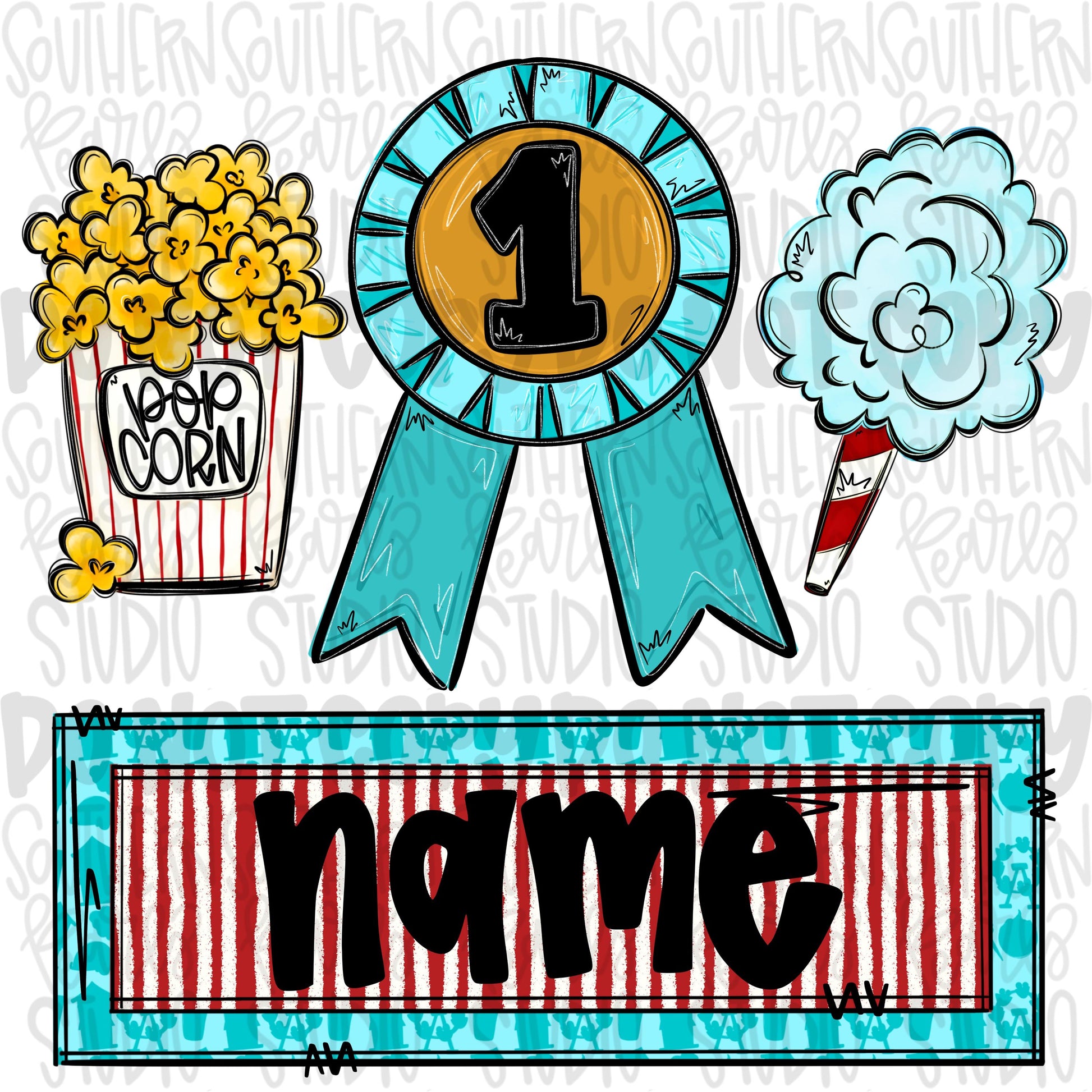 Fair trio popcorn, prize ribbon and cotton candy with name plate boy | Sublimation Design | Digital Download | Women’s, Kids Shirt PNG