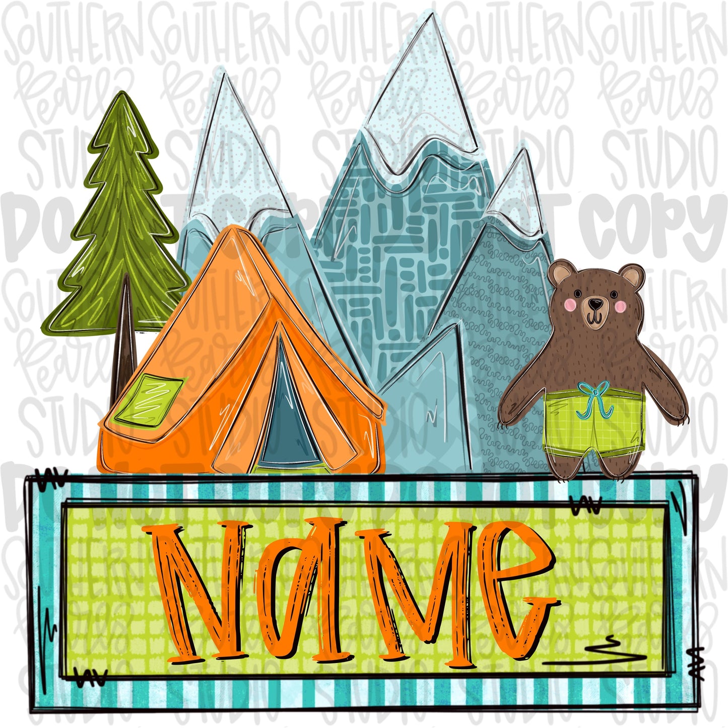 Mountains, tent and bear wearing swimsuit with name patch | Sublimation Design | Digital Download | Women’s, Kids Shirt PNG