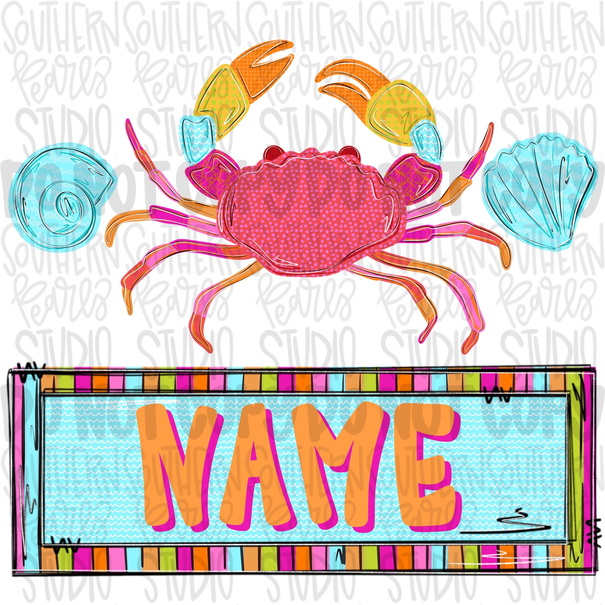 Crab and seashells trio with name patch girly | Sublimation Design | Digital Download | Women’s, Kids Shirt PNG