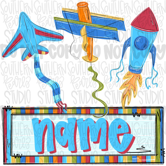 Planes and rockets Kite trio with name patch | Sublimation Design | Digital Download | Women’s, Kids Shirt PNG