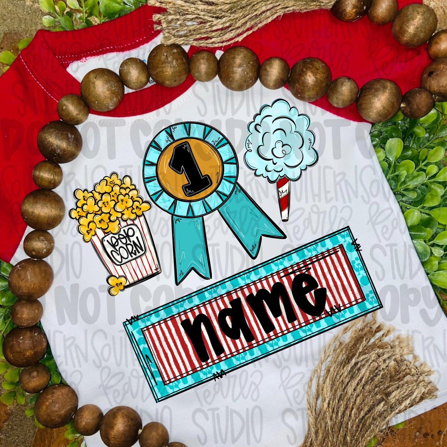 Fair trio popcorn, prize ribbon and cotton candy with name plate boy | Sublimation Design | Digital Download | Women’s, Kids Shirt PNG