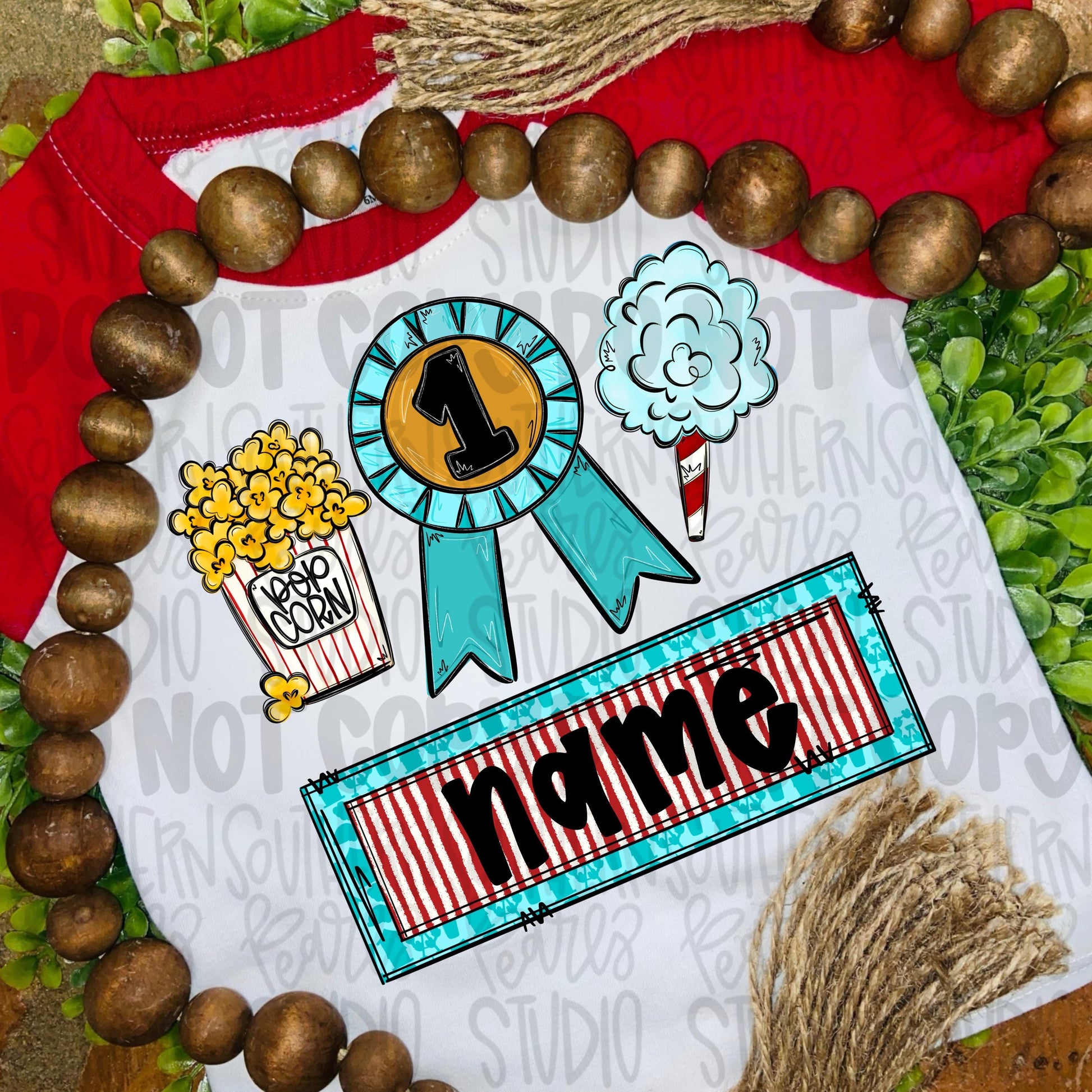 Fair trio popcorn, prize ribbon and cotton candy with name plate boy | Sublimation Design | Digital Download | Women’s, Kids Shirt PNG