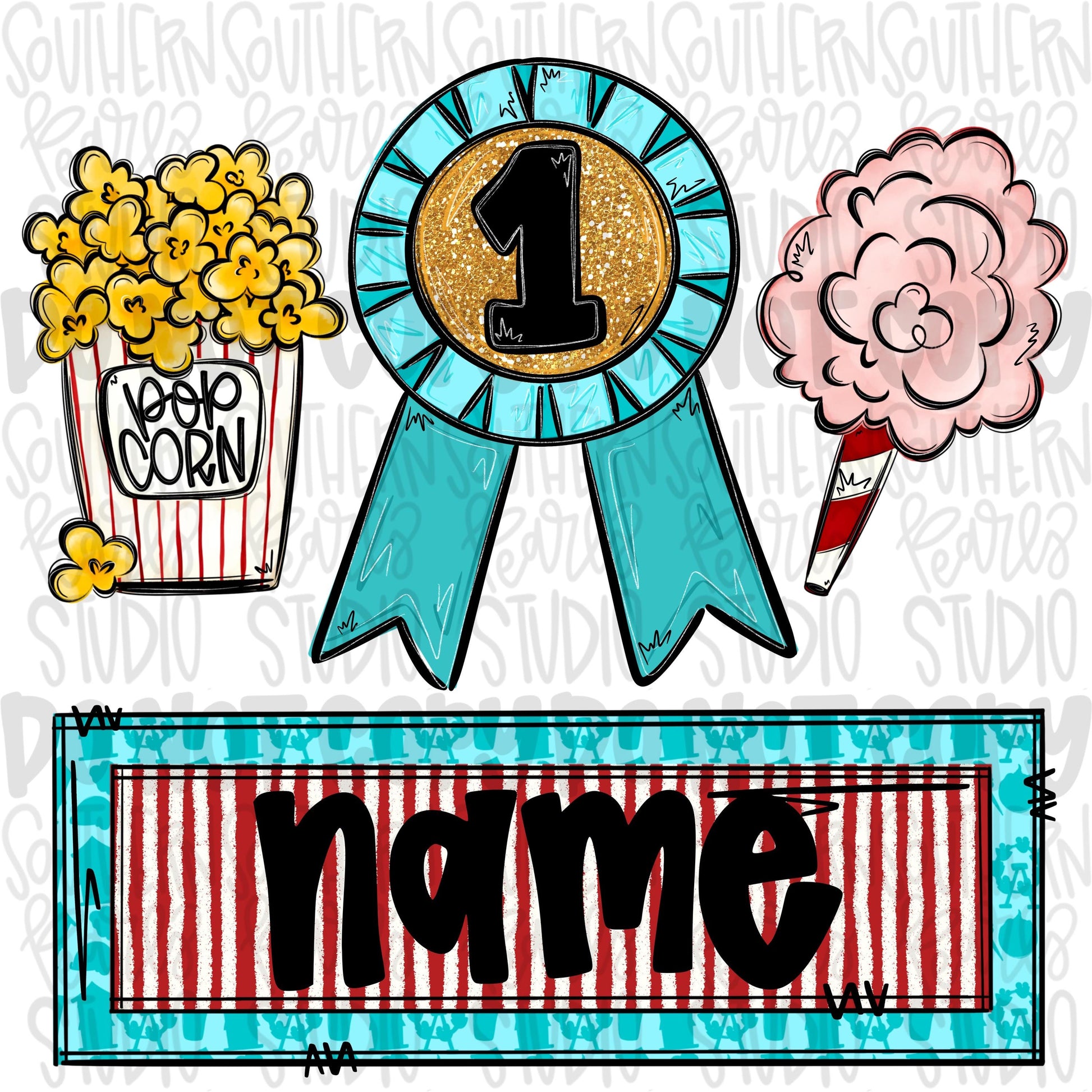 Fair trio popcorn, prize ribbon and cotton candy with name plate girl | Sublimation Design | Digital Download | Women’s, Kids Shirt PNG