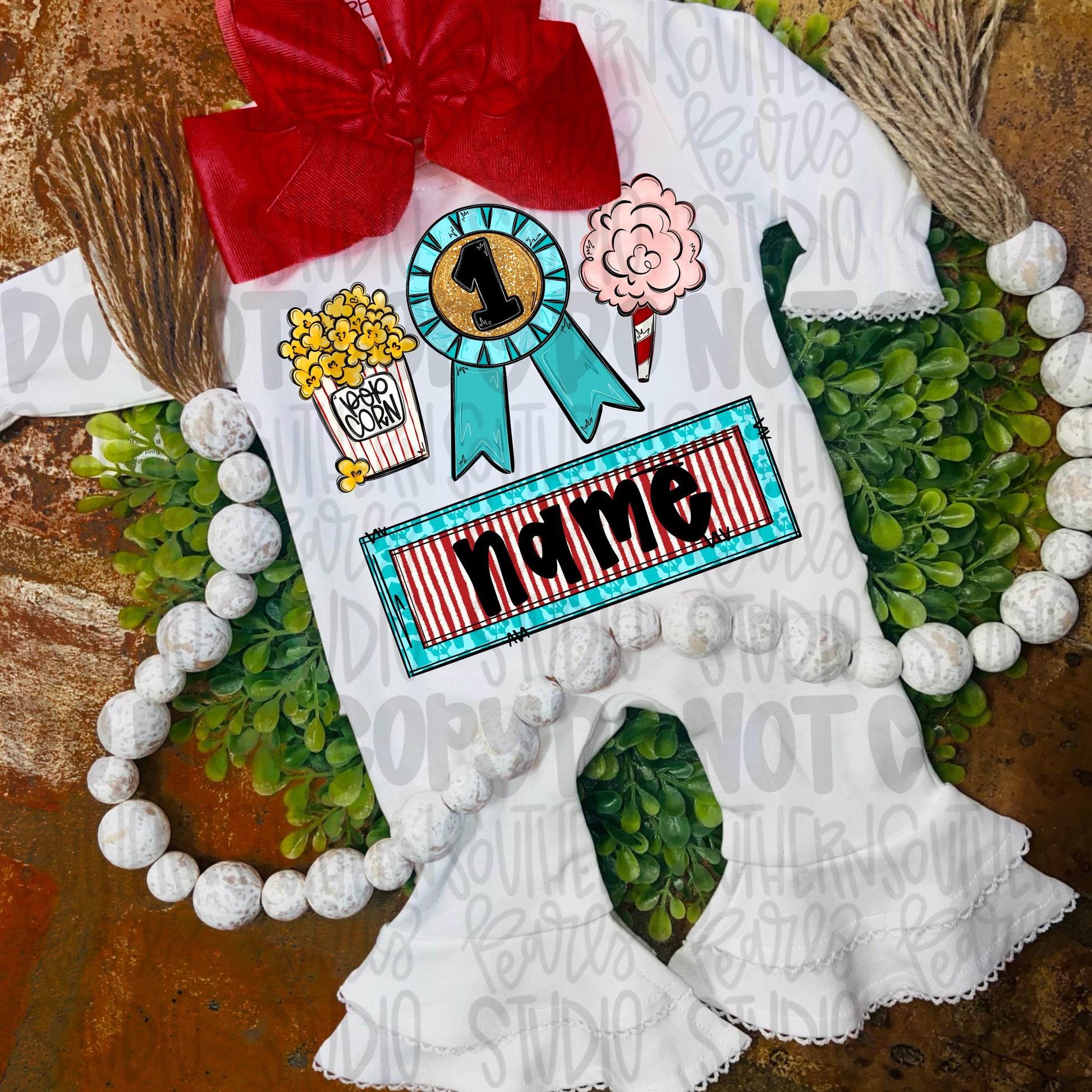 Fair trio popcorn, prize ribbon and cotton candy with name plate girl | Sublimation Design | Digital Download | Women’s, Kids Shirt PNG
