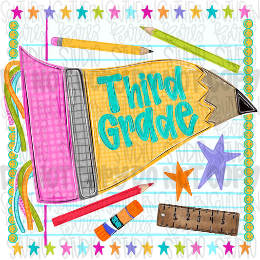 Third grade pennant girly design | school png, teacher png, student png | Sublimation Design | Digital Download | Women’s, Kids Shirt PNG