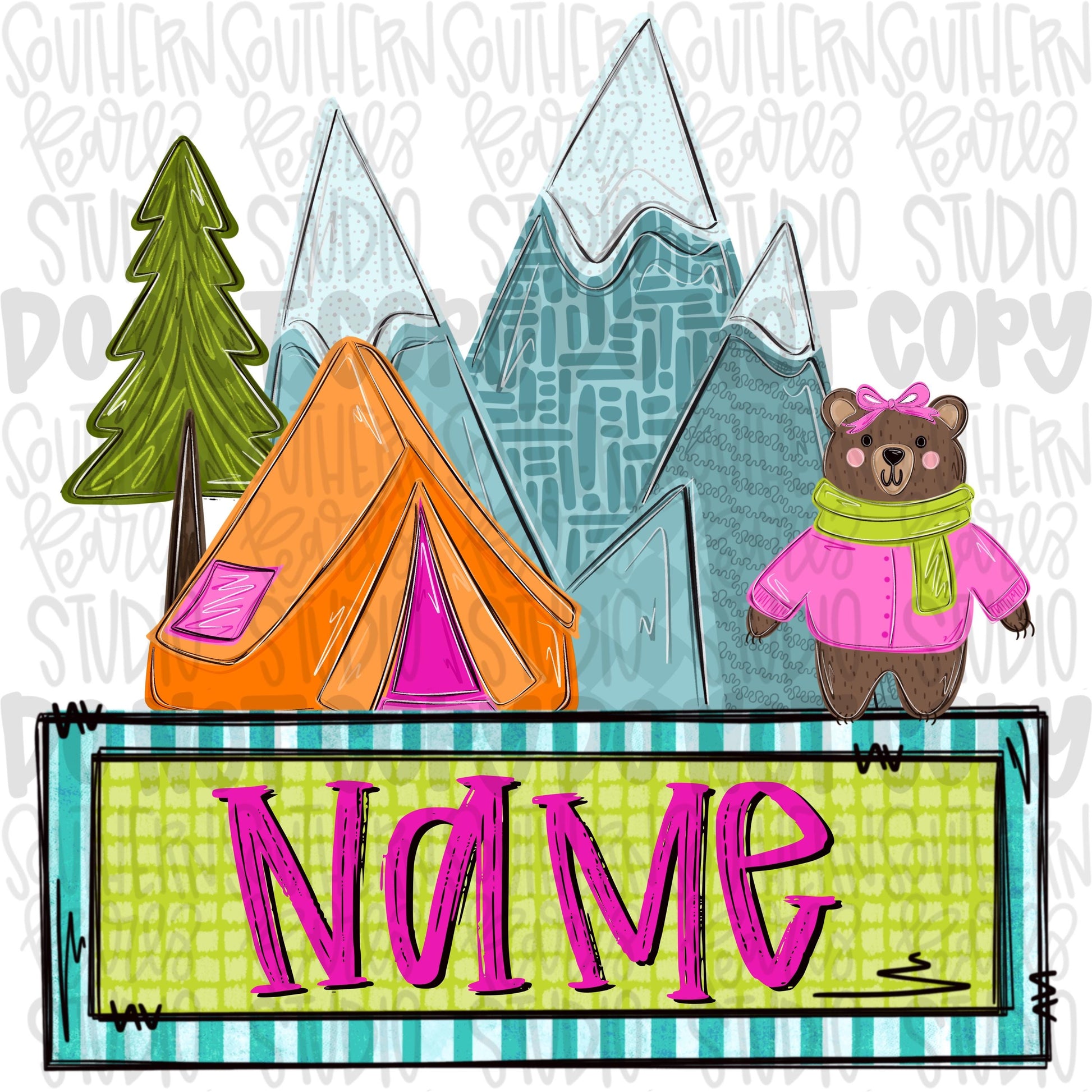 Mountains, tent and bear girly with name patch | Sublimation Design | Digital Download | Women’s, Kids Shirt PNG