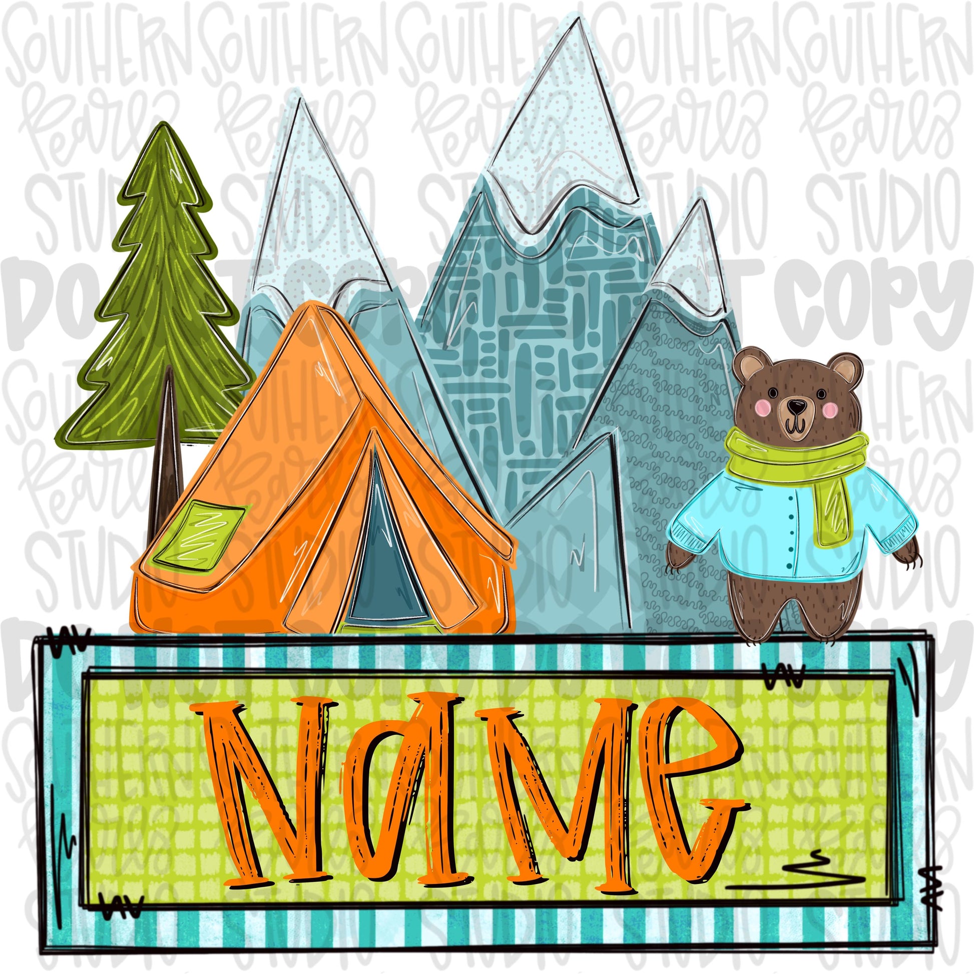 Mountains, tent and bear with name patch | Sublimation Design | Digital Download | Women’s, Kids Shirt PNG