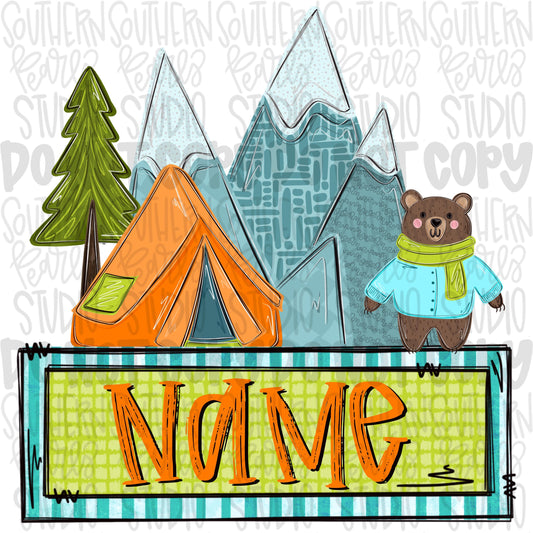 Mountains, tent and bear with name patch | Sublimation Design | Digital Download | Women’s, Kids Shirt PNG