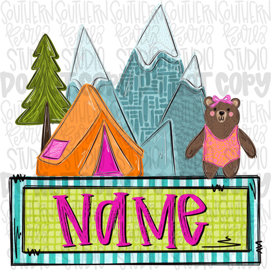 Mountains, tent and bear girly wearing swimsuit with name patch | Sublimation Design | Digital Download | Women’s, Kids Shirt PNG