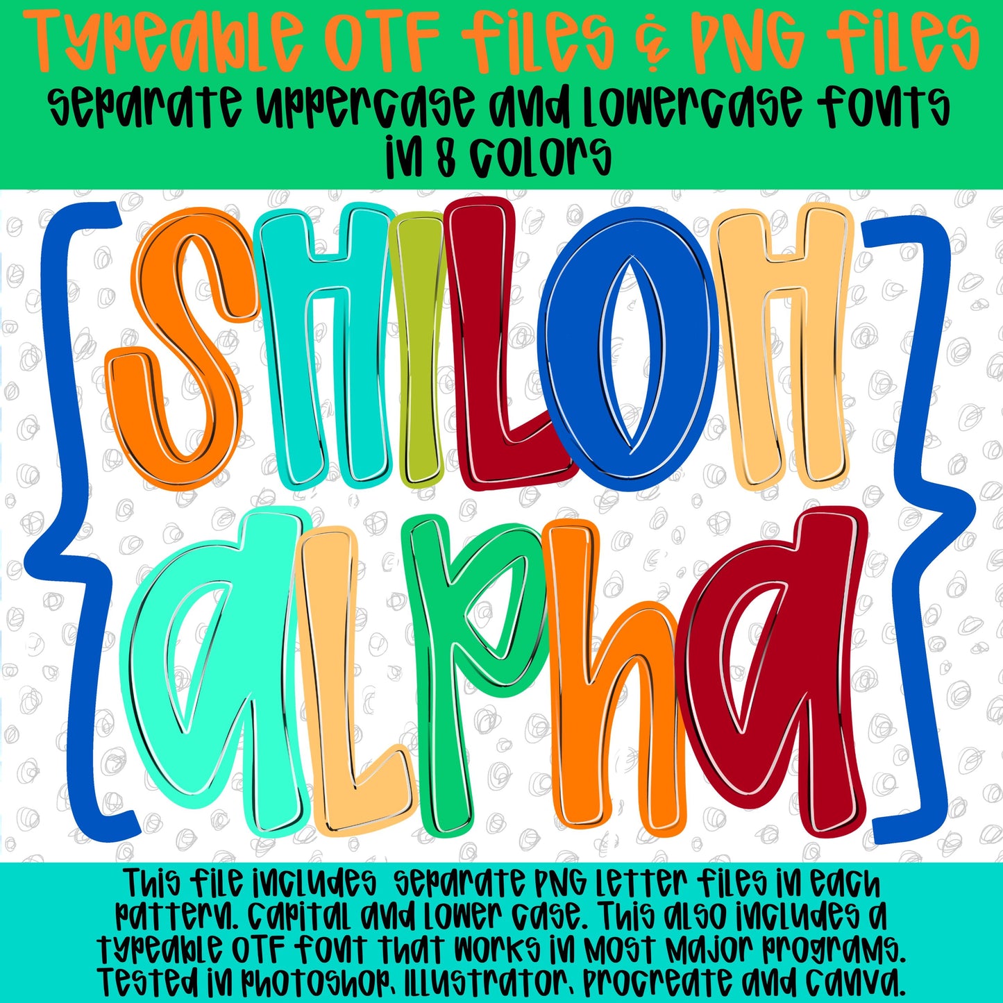 Shiloh Alpha Set primary colors | PNG files | OTF font files | summer alpha, beach alpha | Sublimation Design | Digital Download
