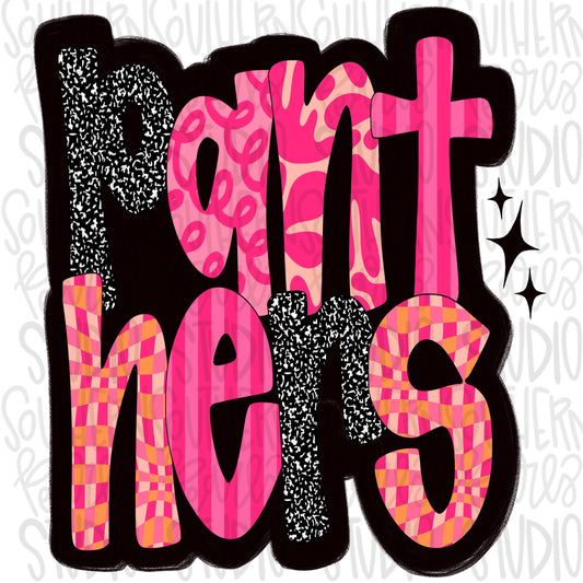 Retro Pink Panthers no cowgirl black background| Sublimation Design | Digital Download | Women’s, Kids Shirt PNG
