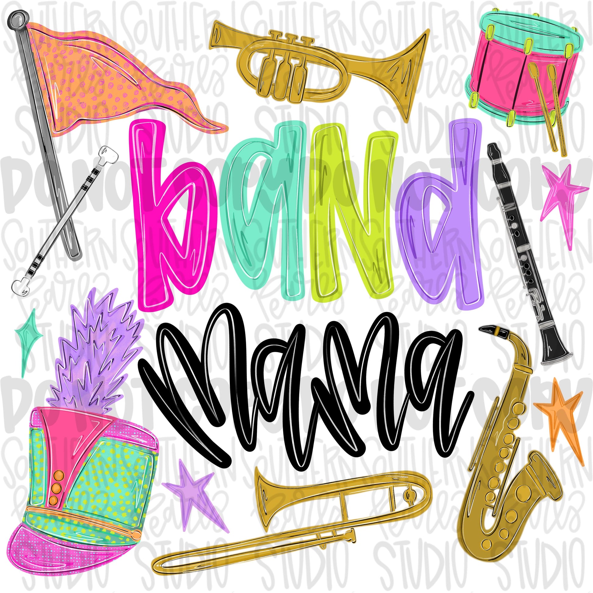 Band Mama Colorful | colorguard, trumpet, trombone, drums, baton, clarinet, saxophone | School Band | PNG | Sublimation | Design Download