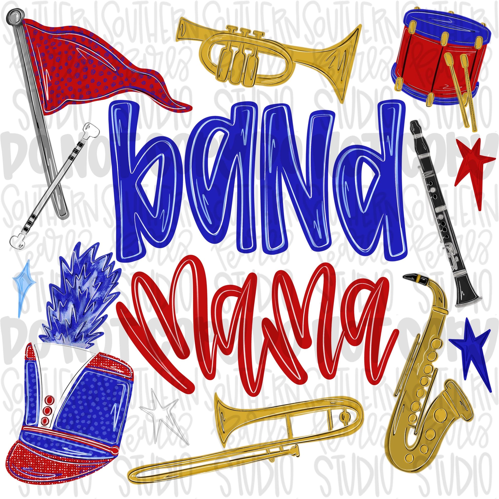 Band Mama royal & red | colorguard, trumpet, trombone, drums, baton, clarinet, saxophone | School Band | PNG | Sublimation | Design Download