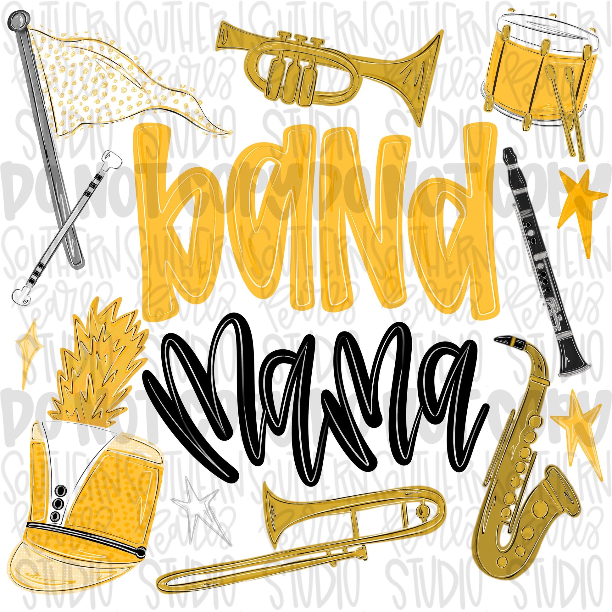 Band Mama yellow | colorguard, trumpet, trombone, drums, baton, clarinet, saxophone | School Band | PNG | Design Download
