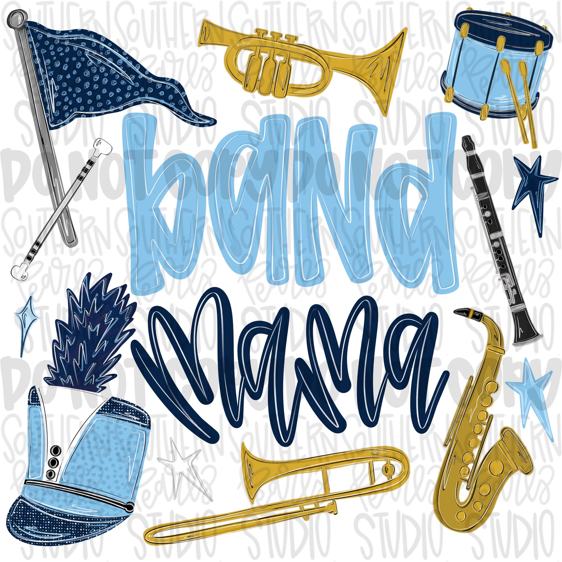 Band Mama light blue & navy | colorguard, trumpet, trombone, drums, baton, clarinet, saxophone | School Band | PNG | Design Download