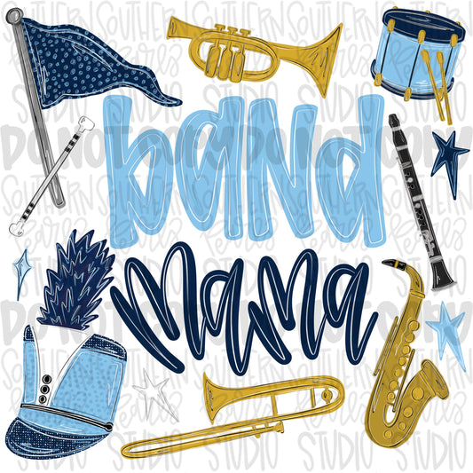Band Mama light blue & navy | colorguard, trumpet, trombone, drums, baton, clarinet, saxophone | School Band | PNG | Design Download