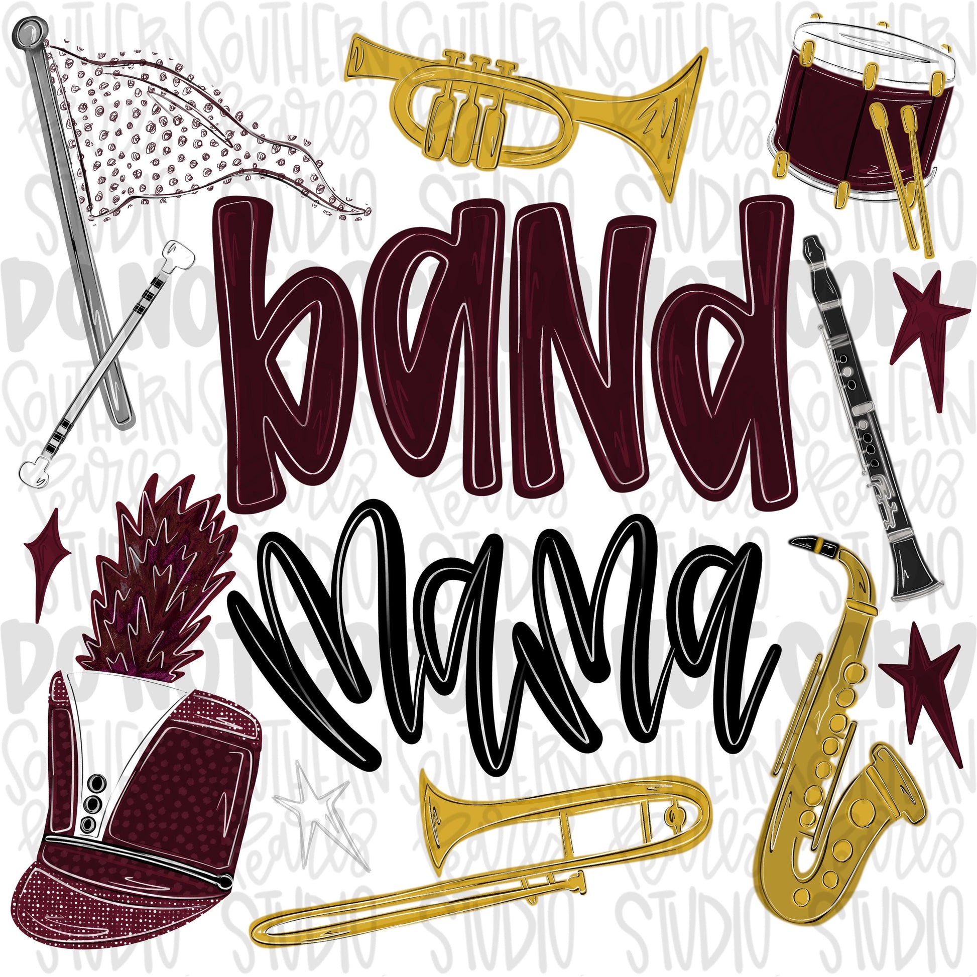 Band Mama maroon | colorguard, trumpet, trombone, drums, baton, clarinet, saxophone | School Band | PNG | Design Download