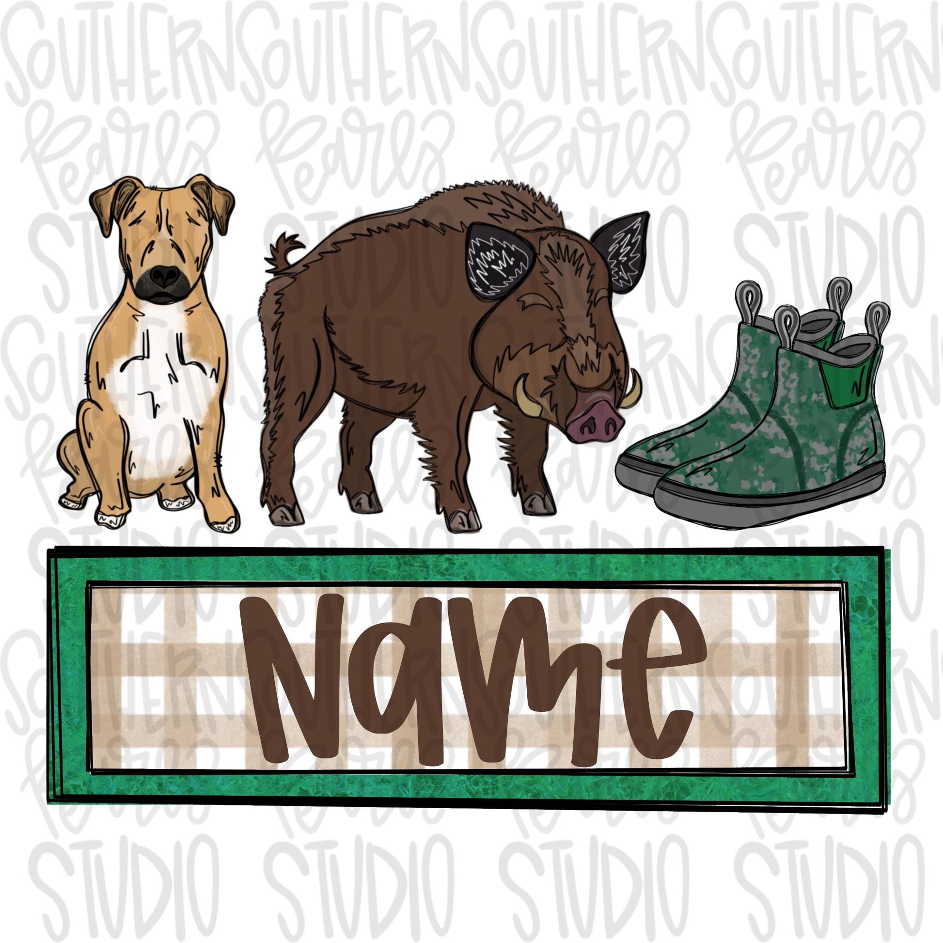 Hog hunting with cur dog and boots with name plate | Sublimation Design | Digital Download | Women’s, Kids Shirt PNG