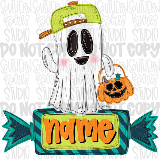 Boy ghost holding trick or treat basket with candy as a name patch | Sublimation Design | Digital Download | Women’s, Kids Shirt PNG