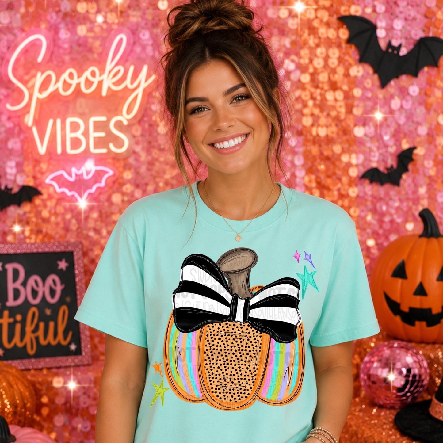 Colorful striped pumpkin with black and white striped bow | fall png | Sublimation Design | Digital Download | Women’s, Kids Shirt PNG