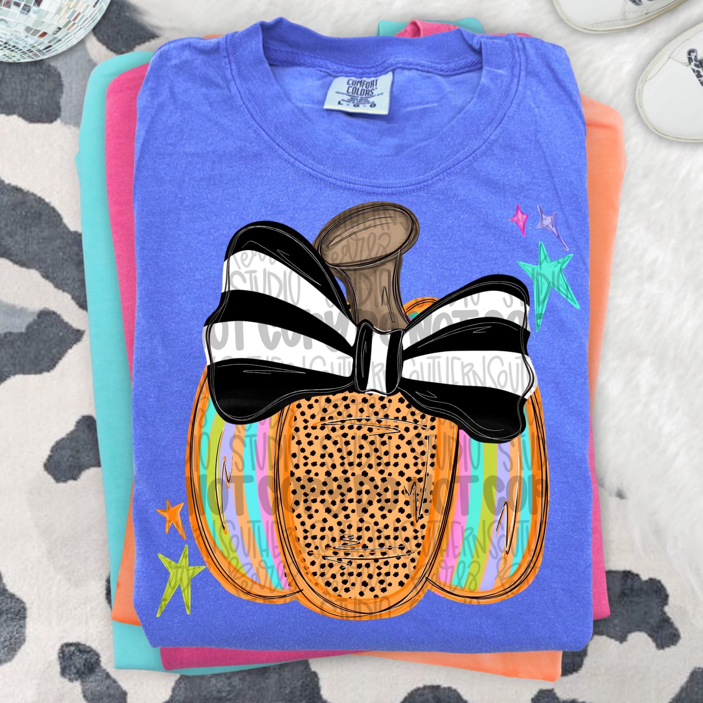Colorful striped pumpkin with black and white striped bow | fall png | Sublimation Design | Digital Download | Women’s, Kids Shirt PNG