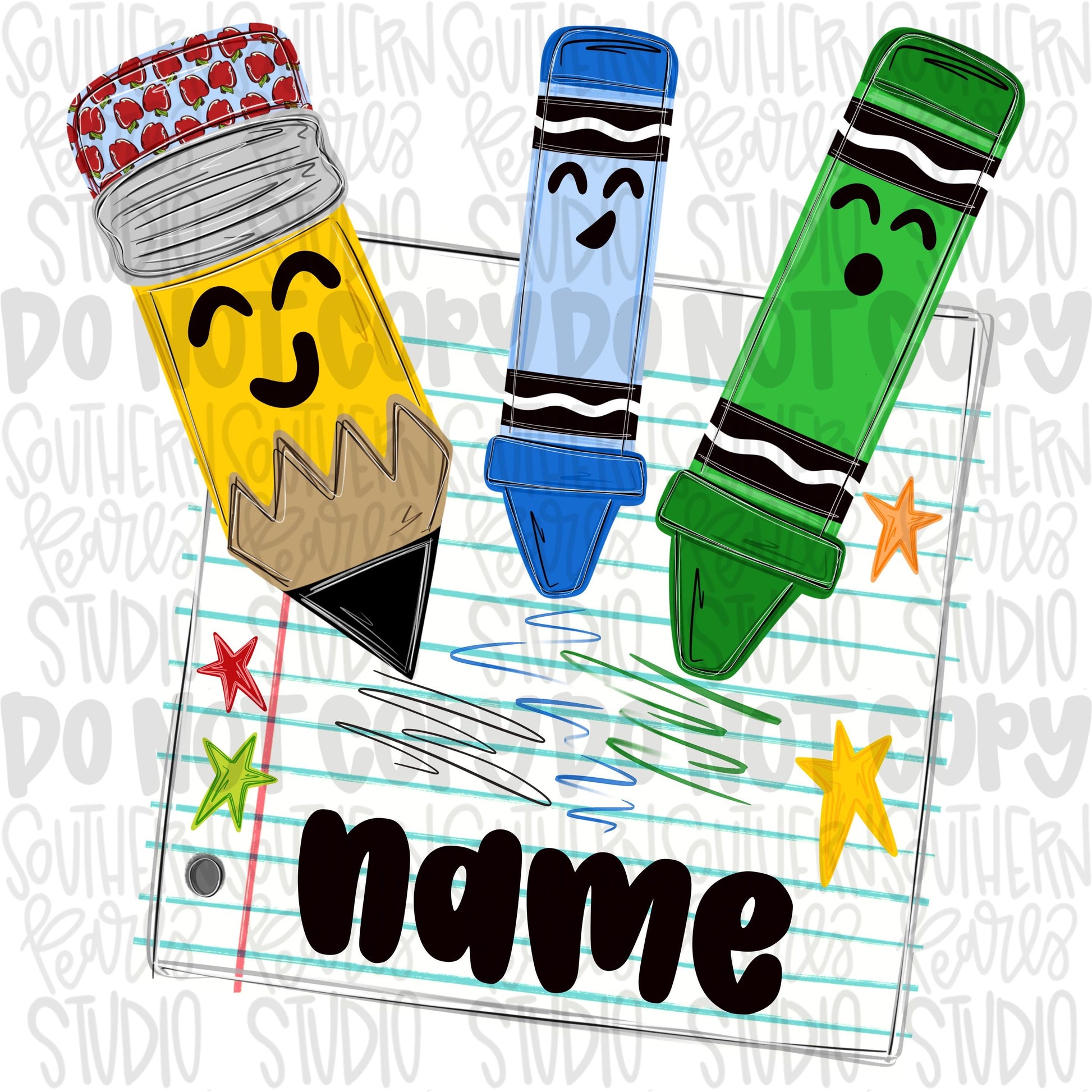 Notebook paper with pencil and green and blue crayons writing name girl png design | school png teacher png student png | Digital Download