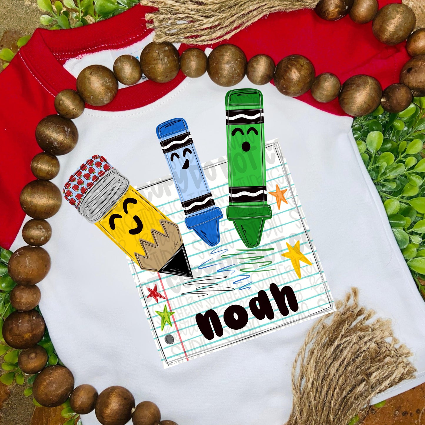 Notebook paper with pencil and green and blue crayons writing name girl png design | school png teacher png student png | Digital Download