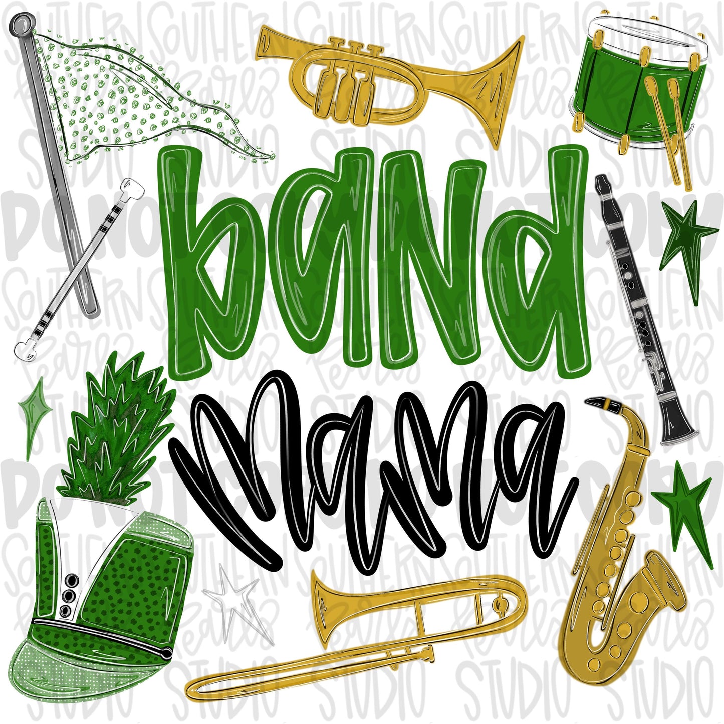 Band Mama green | colorguard, trumpet, trombone, drums, baton, clarinet, saxophone | School Band | PNG | Sublimation | Design Download