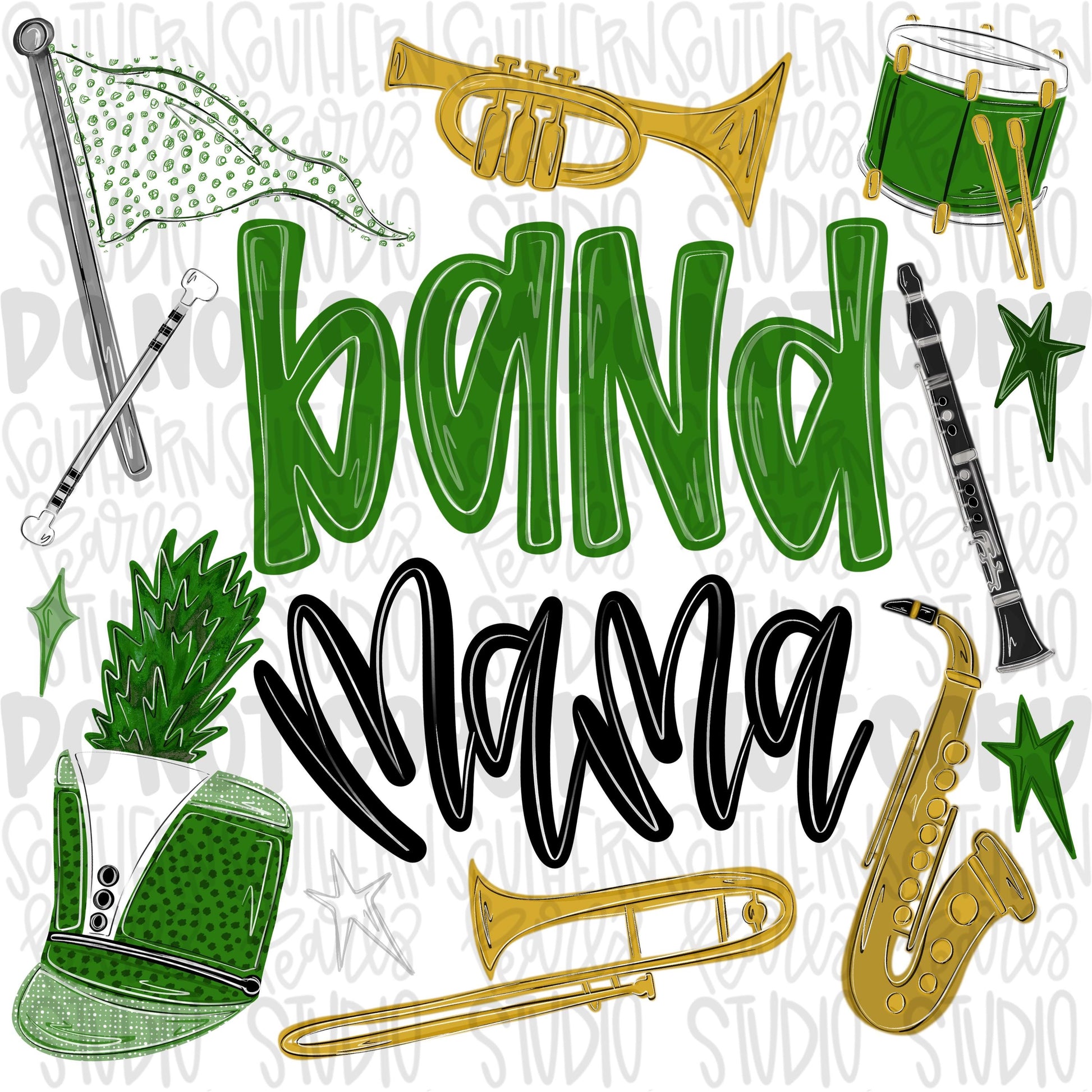 Band Mama green | colorguard, trumpet, trombone, drums, baton, clarinet, saxophone | School Band | PNG | Sublimation | Design Download