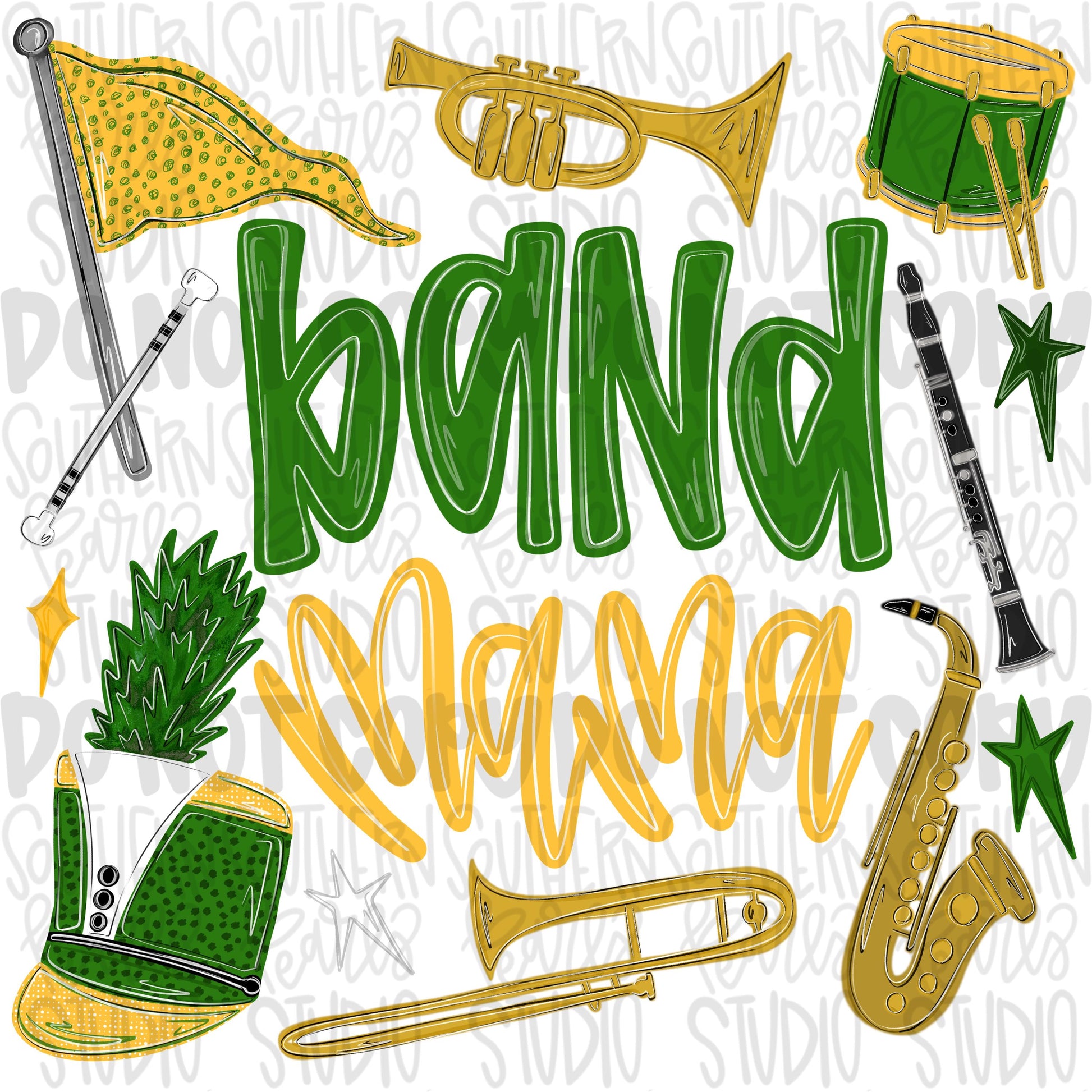 Band Mama green & yellow | colorguard, trumpet, trombone, drums, baton, clarinet, saxophone | School Band | PNG | Design Download