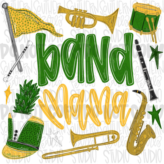 Band Mama green & yellow | colorguard, trumpet, trombone, drums, baton, clarinet, saxophone | School Band | PNG | Design Download