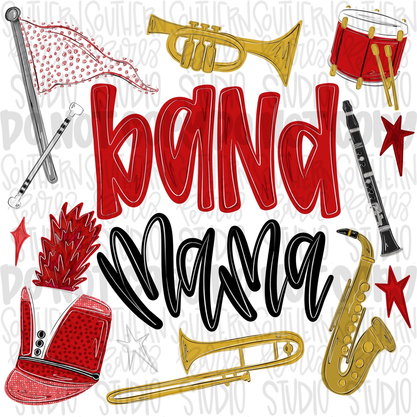 Band Mama red | colorguard, trumpet, trombone, drums, baton, clarinet, saxophone | School Band | PNG | Design Download