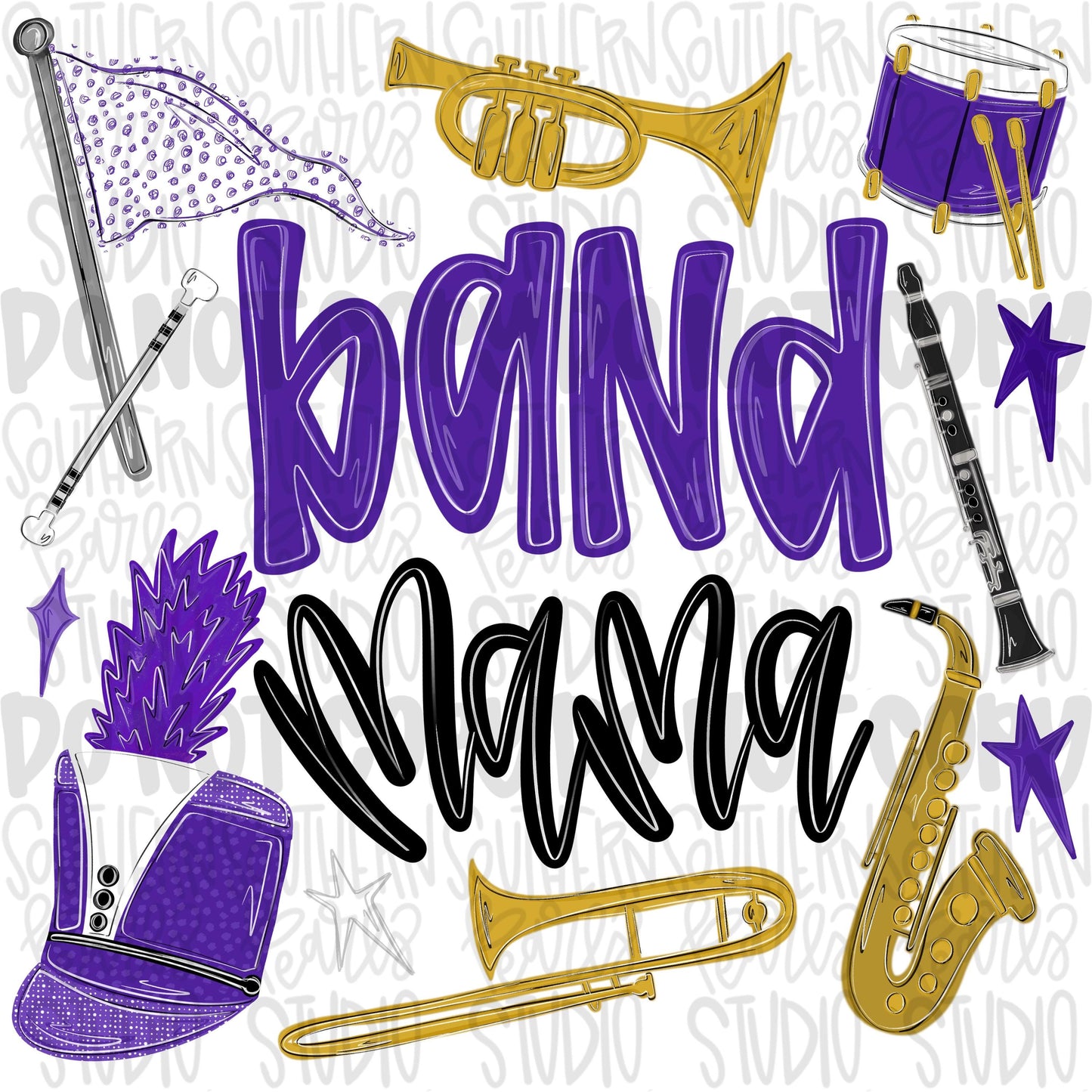 Band Mama purple | colorguard, trumpet, trombone, drums, baton, clarinet, saxophone | School Band | PNG | Design Download