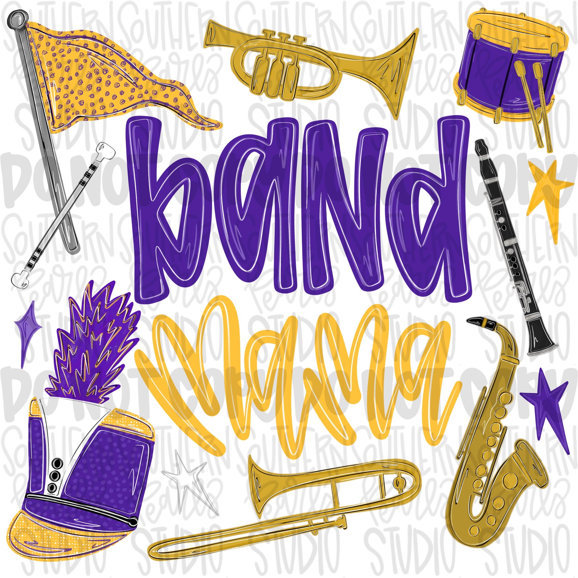 Band Mama purple & yellow | colorguard, trumpet, trombone, drums, baton, clarinet, saxophone | School Band | PNG | Design Download
