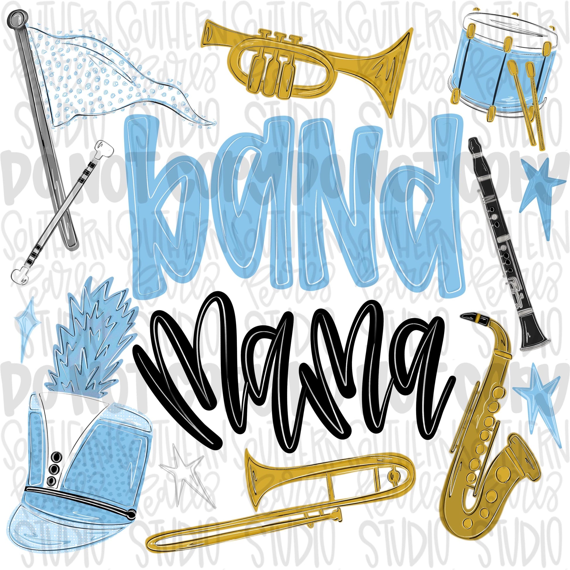 Band Mama light blue | colorguard, trumpet, trombone, drums, baton, clarinet, saxophone | School Band | PNG | Design Download