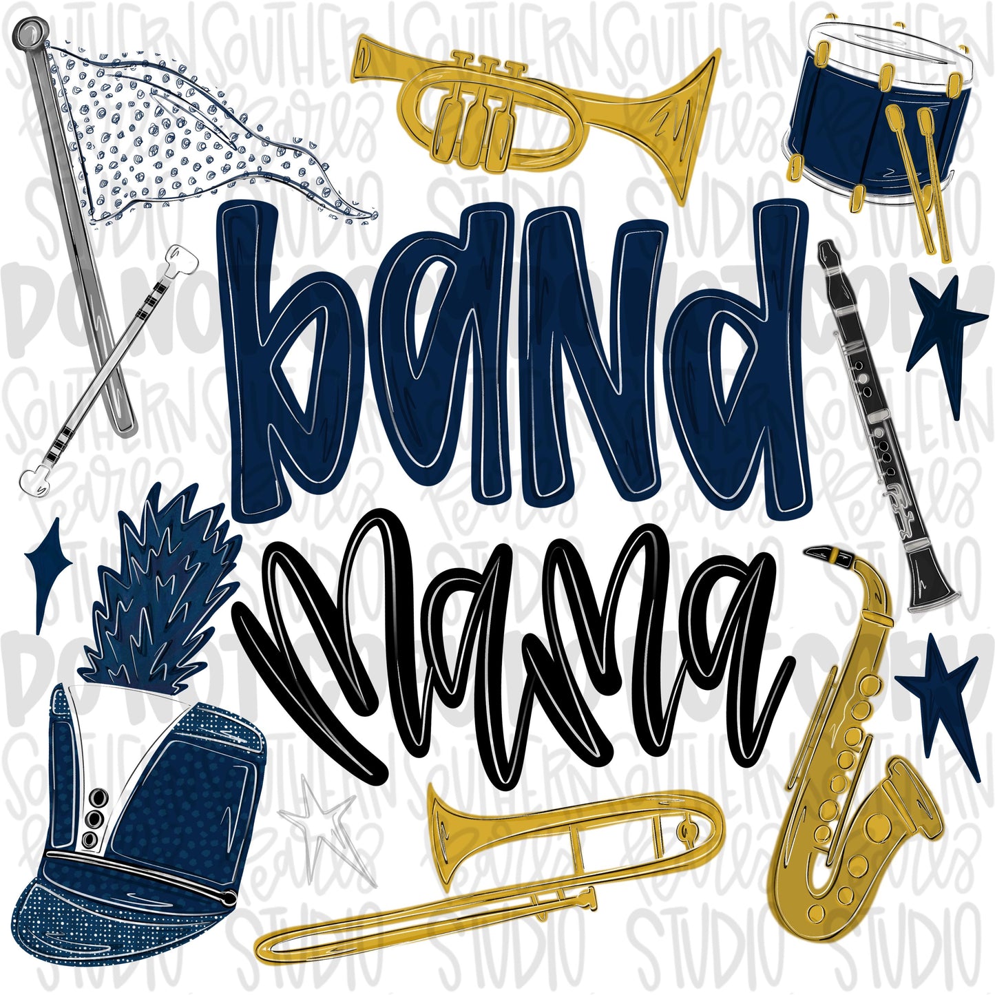 Band Mama navy | colorguard, trumpet, trombone, drums, baton, clarinet, saxophone | School Band | PNG | Design Download