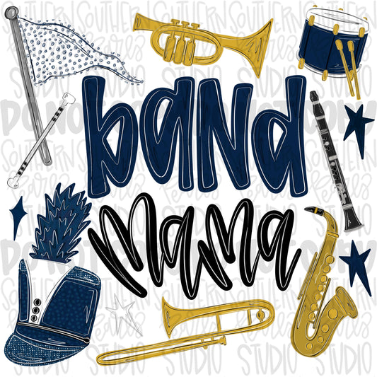 Band Mama navy | colorguard, trumpet, trombone, drums, baton, clarinet, saxophone | School Band | PNG | Design Download