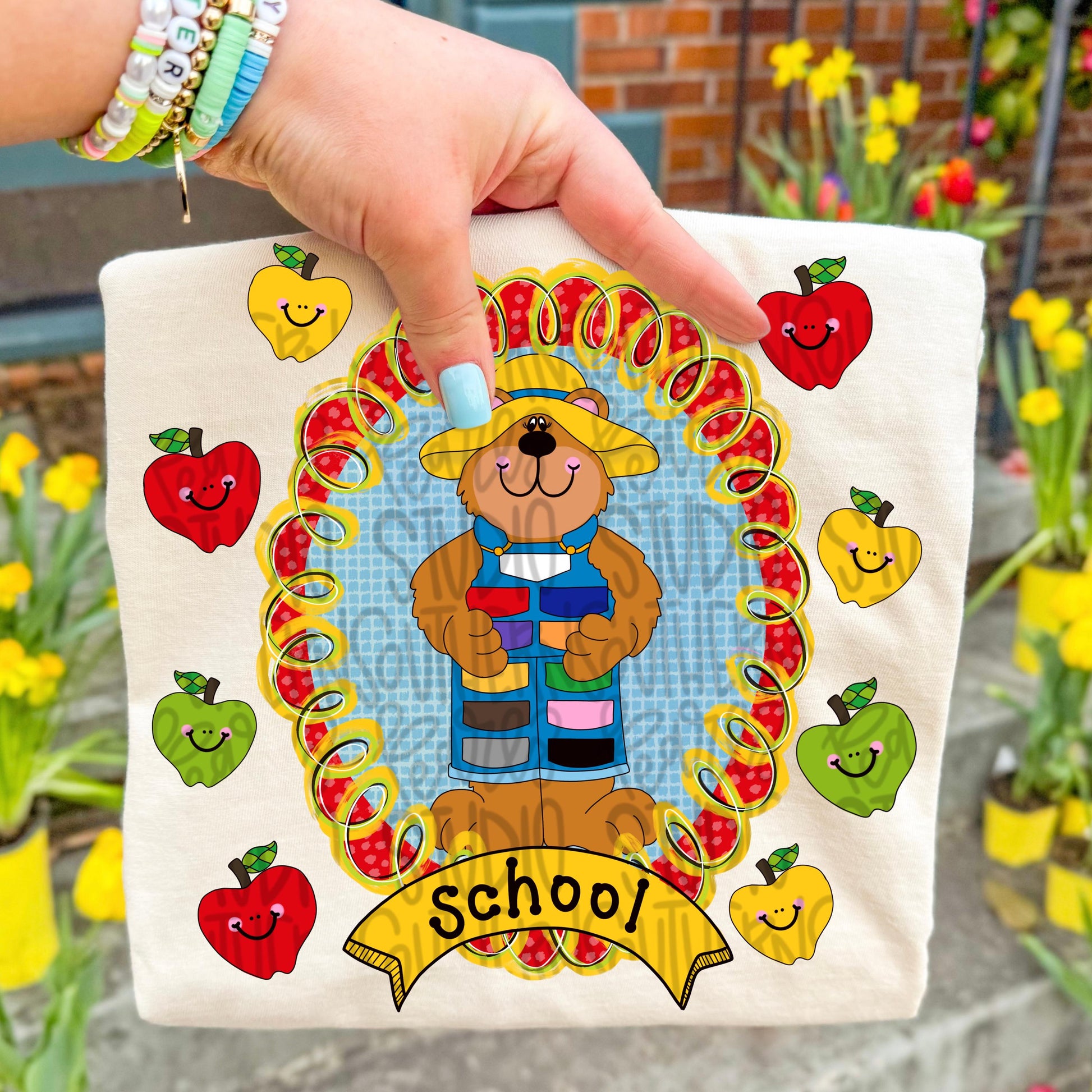 90s vintage school frame with apples and bear wearing overalls | school png, teacher png, student png | Digital Download | Women Shirt PNG