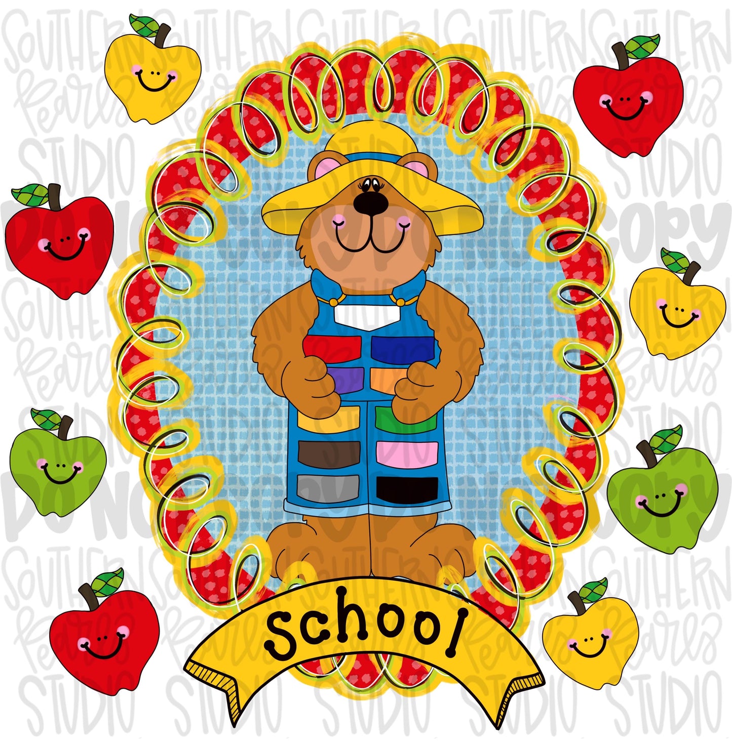 90s vintage school frame with apples and bear wearing overalls | school png, teacher png, student png | Digital Download | Women Shirt PNG