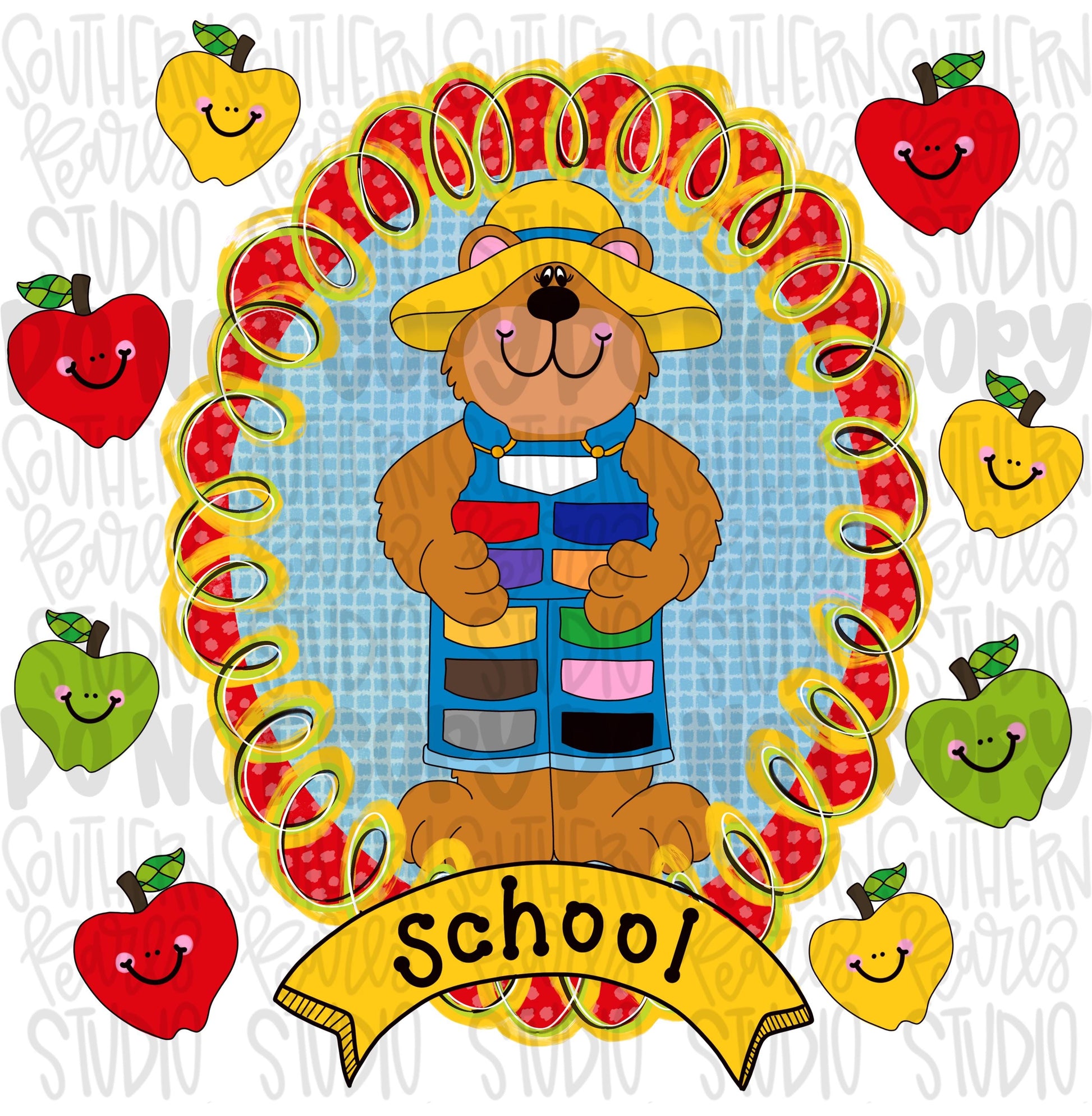 90s vintage school frame with apples and bear wearing overalls | school png, teacher png, student png | Digital Download | Women Shirt PNG