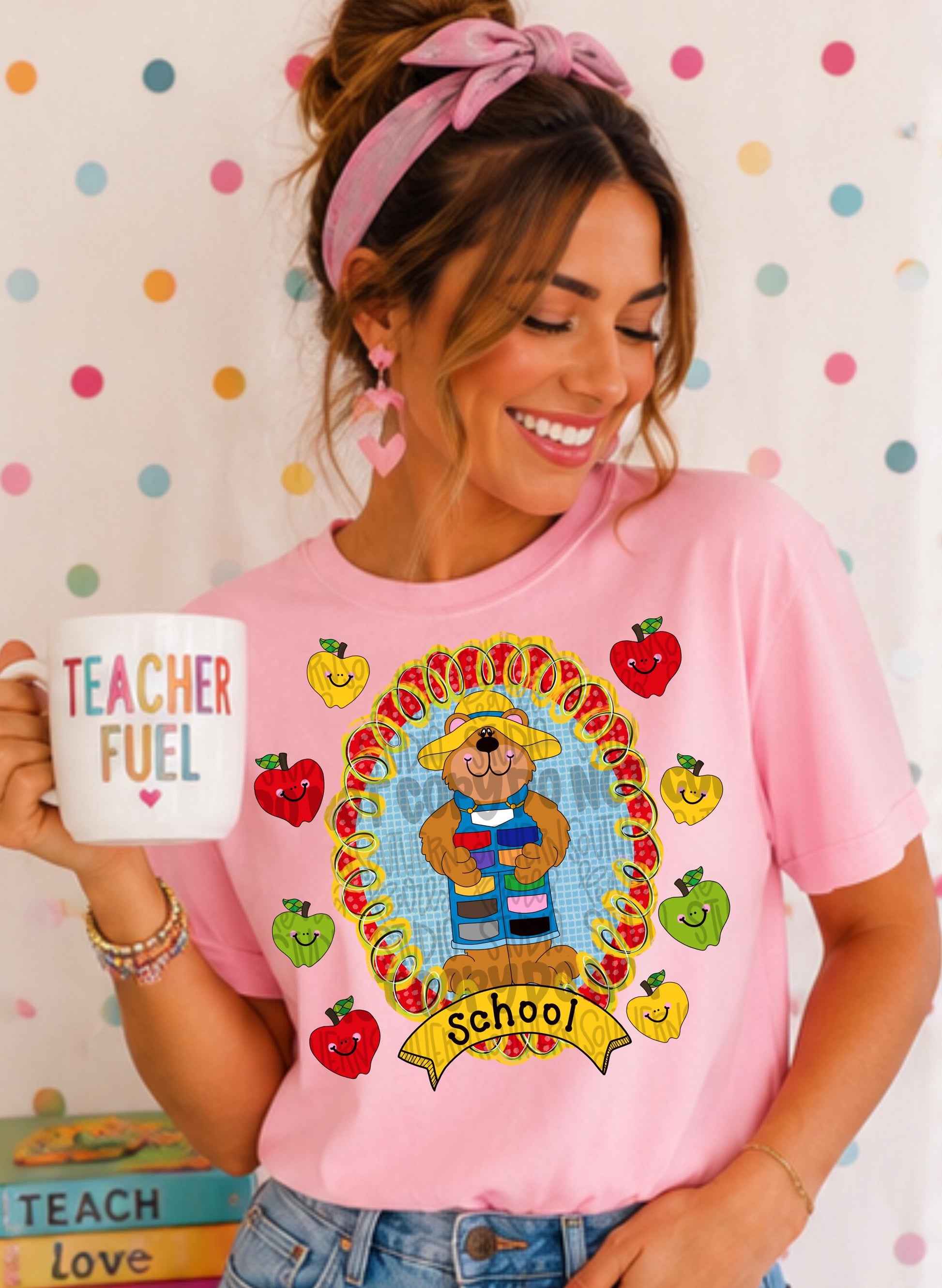 90s vintage school frame with apples and bear wearing overalls | school png, teacher png, student png | Digital Download | Women Shirt PNG