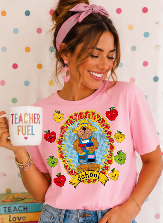 90s vintage school frame with apples and bear wearing overalls | school png, teacher png, student png | Digital Download | Women Shirt PNG
