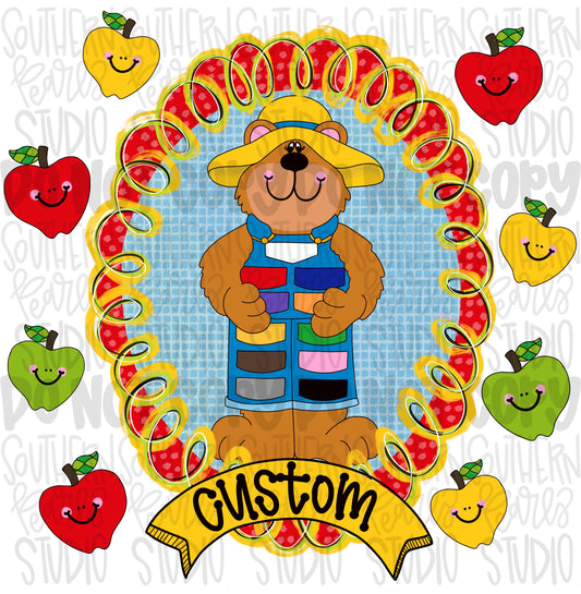CUSTOM NAME 90s vintage school frame with apples and bear wearing overalls png | I add the name | school png, teacher png | Digital Download