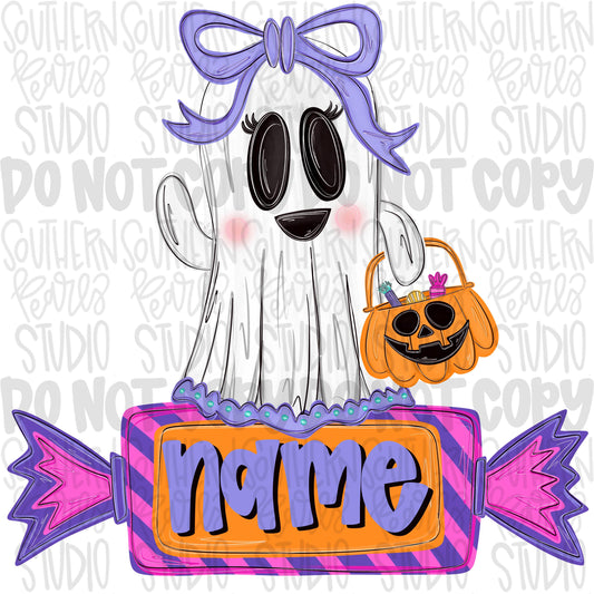 Girl ghost holding trick or treat basket with candy as a name patch | Sublimation Design | Digital Download | Women’s, Kids Shirt PNG
